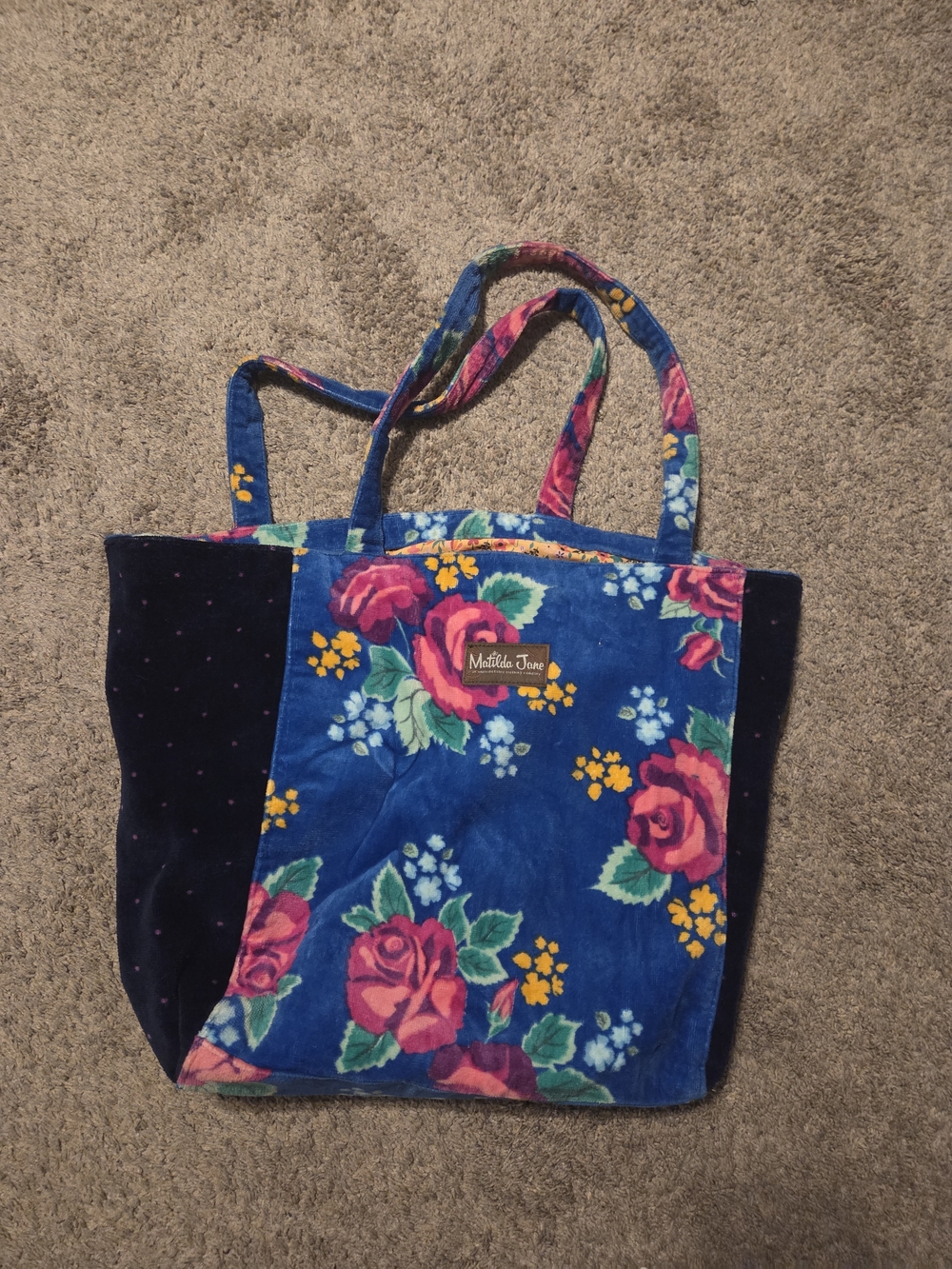 Matilda Jane Blue Floral Velvet Tote with Pink Roses